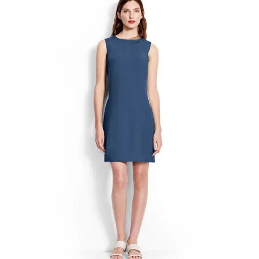 LANDS END $125 Italian Fabric Sleeveless Mini Shift Dress, Blue Sz 6